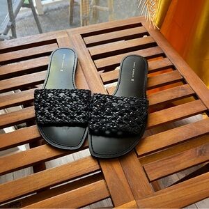 Zara Black Cane Braided Slide Sandals , Sz 5.5-6, boho, minimalist , casual